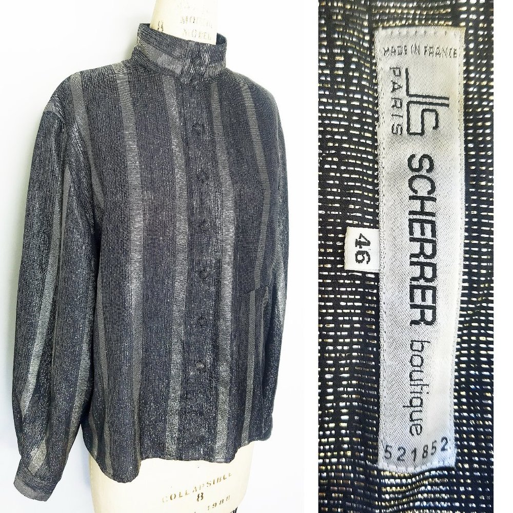 1980s Vintage Womens Jean-Louis Scherrer Lurex  Silver Gold Metallic Blouse Top